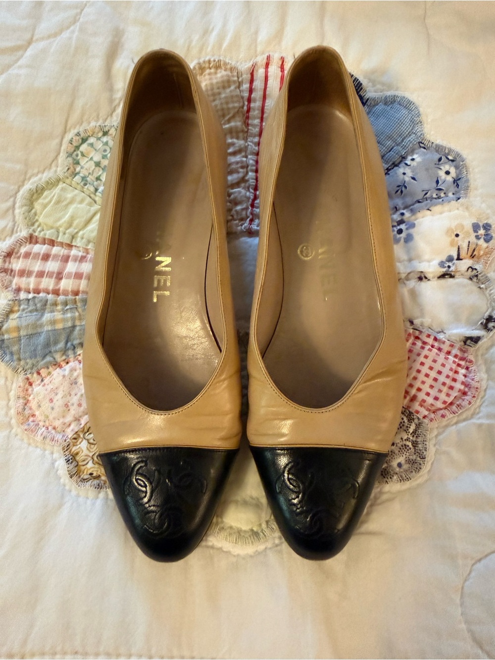 CHANEL Beige Leather Flats with Black Cap Toe